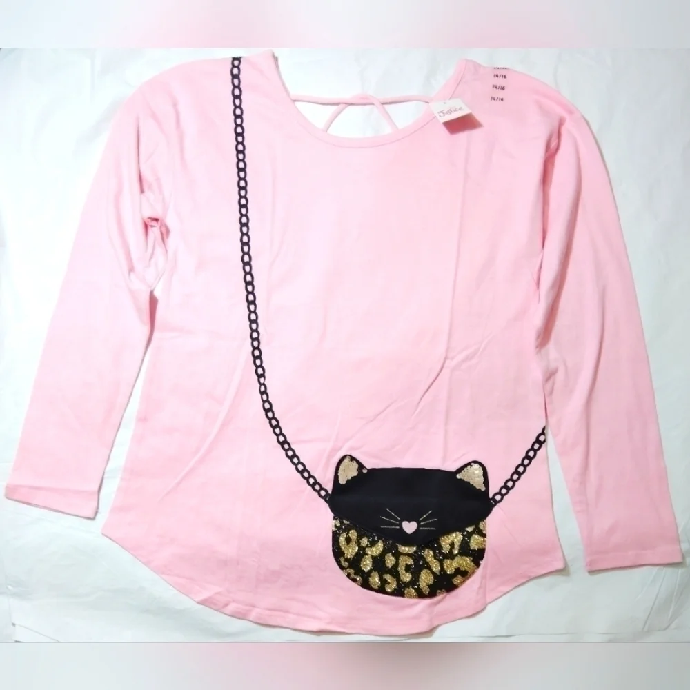 Justice Leopard Kitty Face Purse Long Sleeve Shirt- 14/16